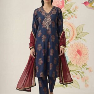Mehr Navy Printed Cotton Blend Suit Set with Dupatta