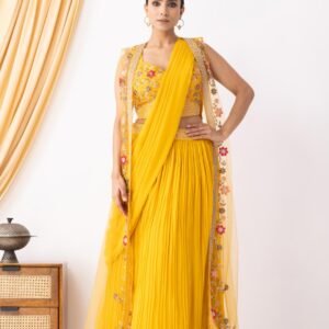 Mustard Yellow Georgette Draped Jacket Saree Set