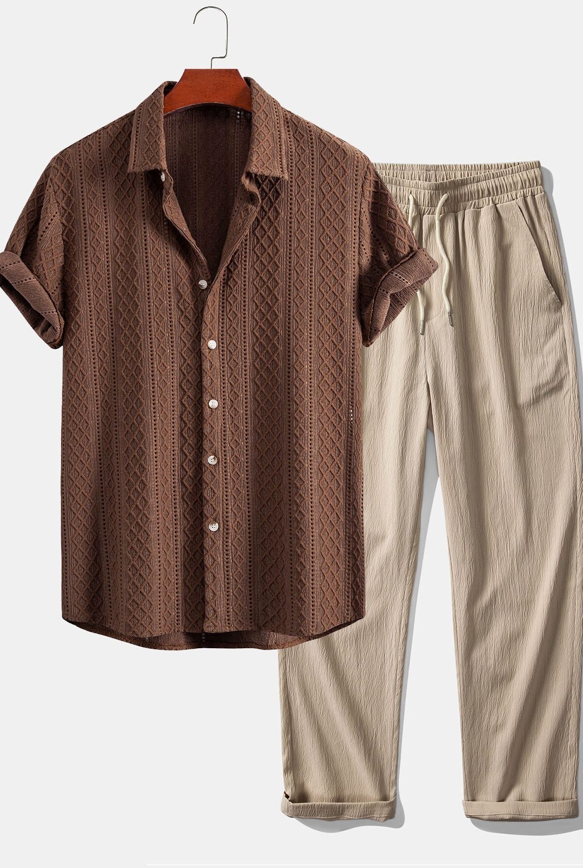 Geometry Rhombus Jacquard Button Up Shirt & Crinkle Textured Straight Leg Pants