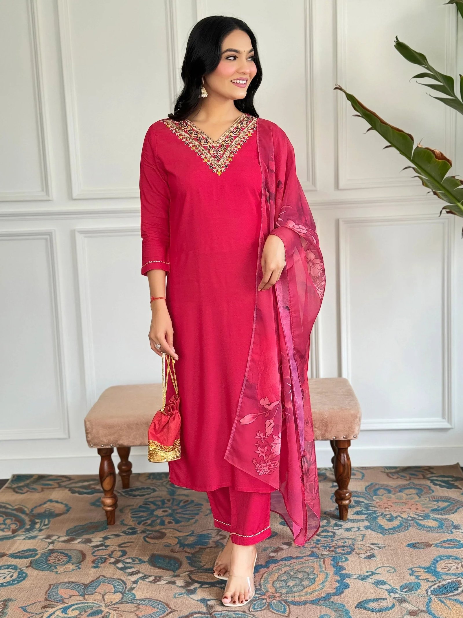 Stunning Red Embroidered Rayon Festival Wear Pant Suit With Dupatta