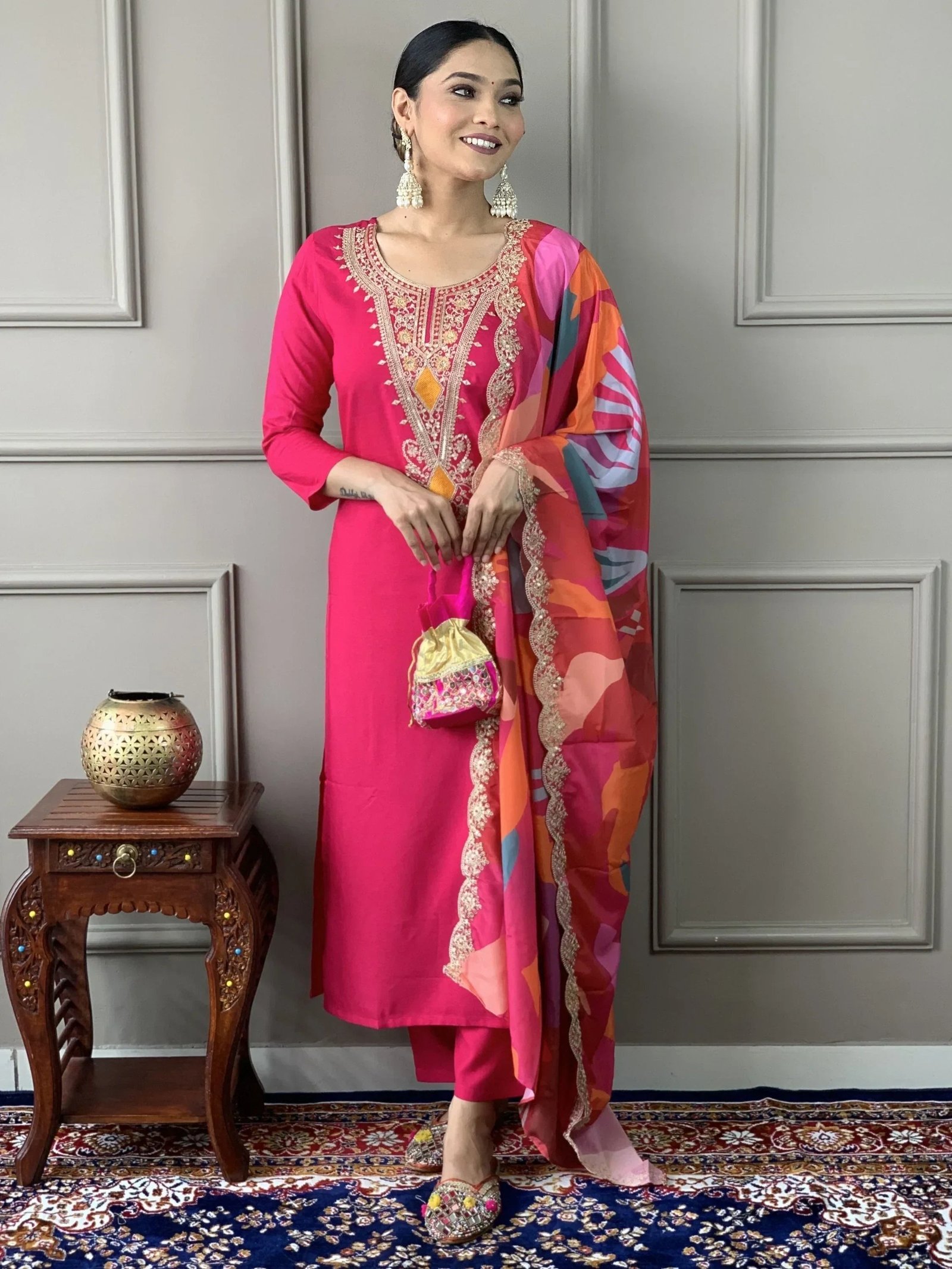 Enchanting Pink Embroidered Viscose Pant Suit With Dupatta