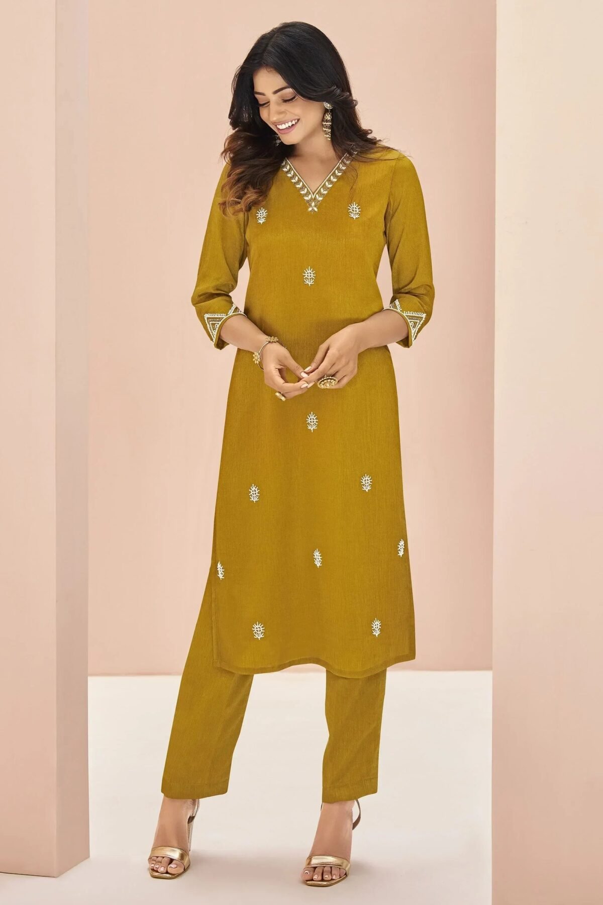 Attractive Mustard Yellow Embroidered Chinon Casual Wear Pant Suit