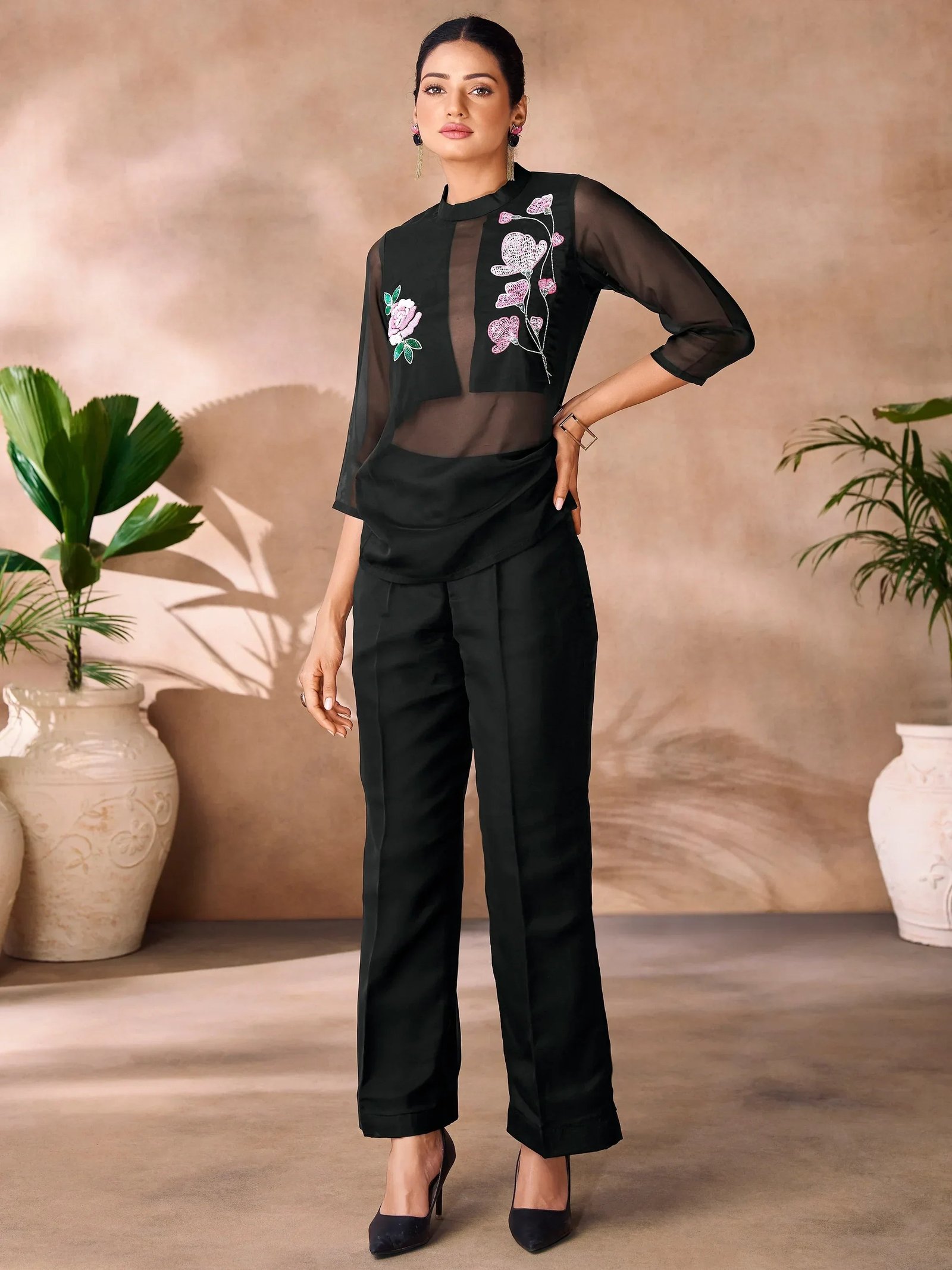 Glamorous Black Hand Work Organza Western Wear Co-Ord Set