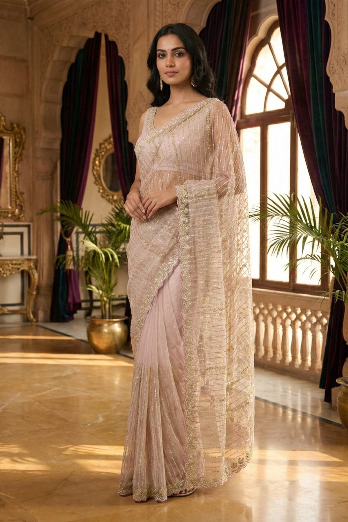 Lilac Net Heavy Hand Embroidery Saree