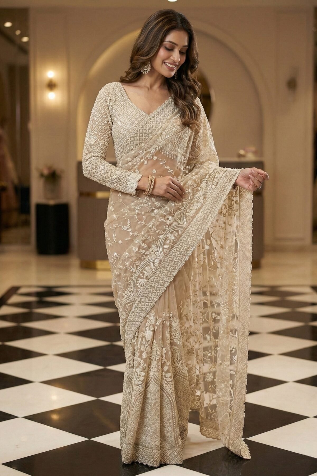 Beige Net Heavy Hand Embroidery Saree With Readymade Blouse