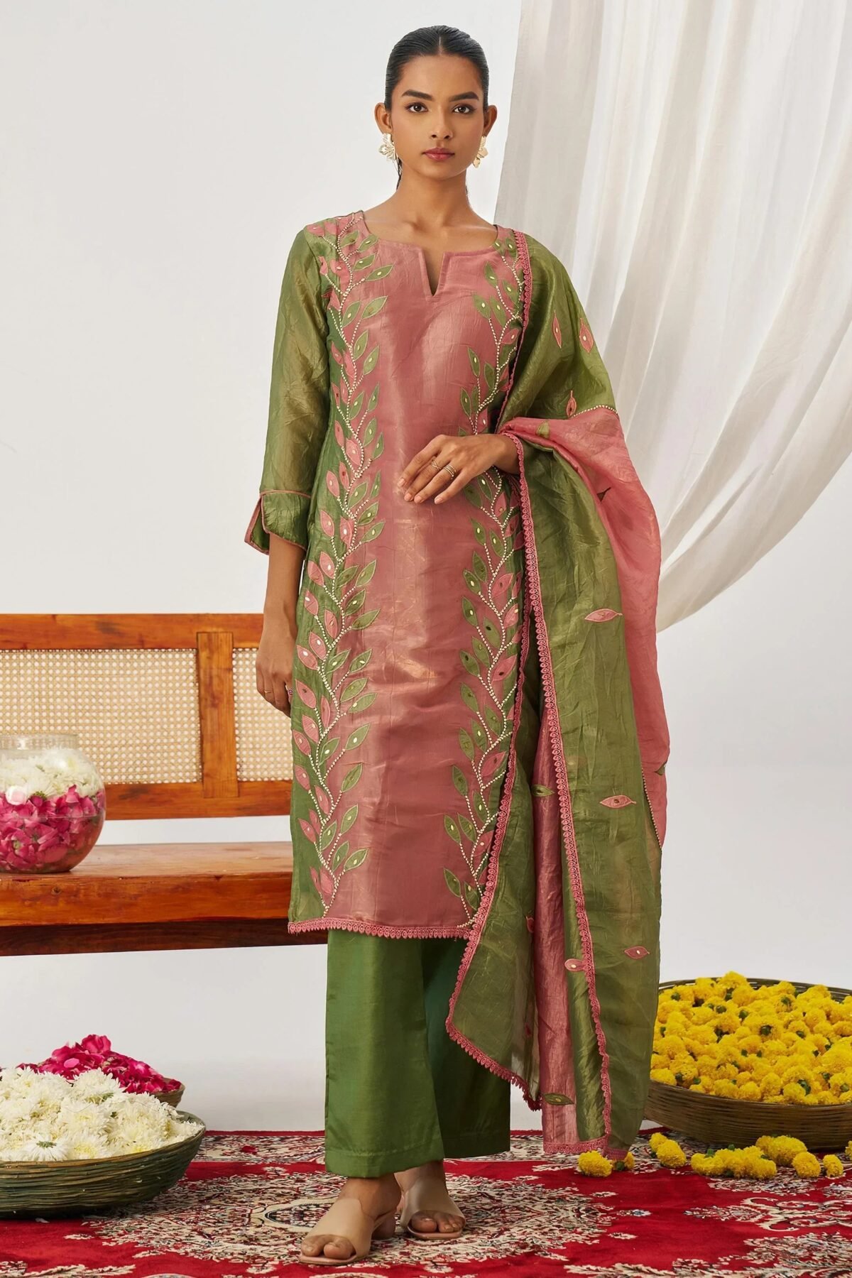 Glamorous Green Organza Mirror Work Festive Wear Pant Suit