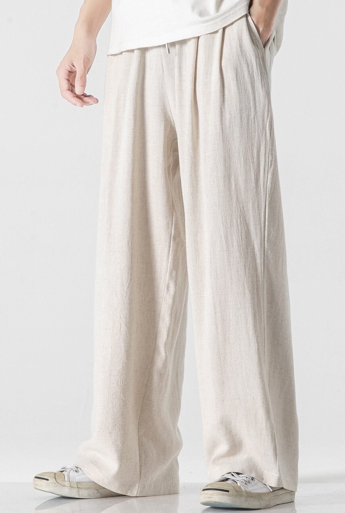 Linen And Cotton Blend Relax Fit Wide Leg Pants