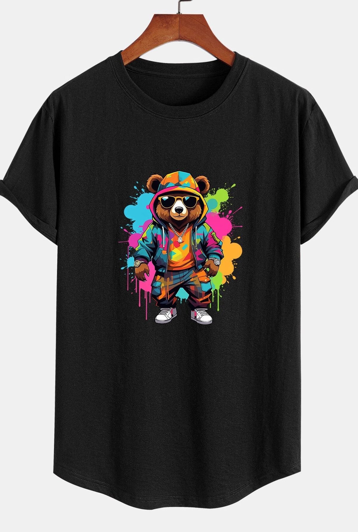 Graffiti Bear Print Cotton Arc Hem T-Shirt