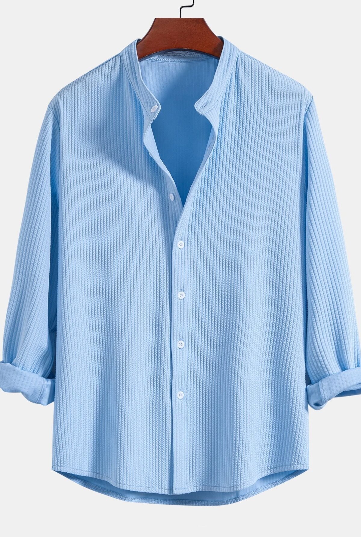 Long Sleeve Muscle Fit Ribbed Stand Collar Shirt