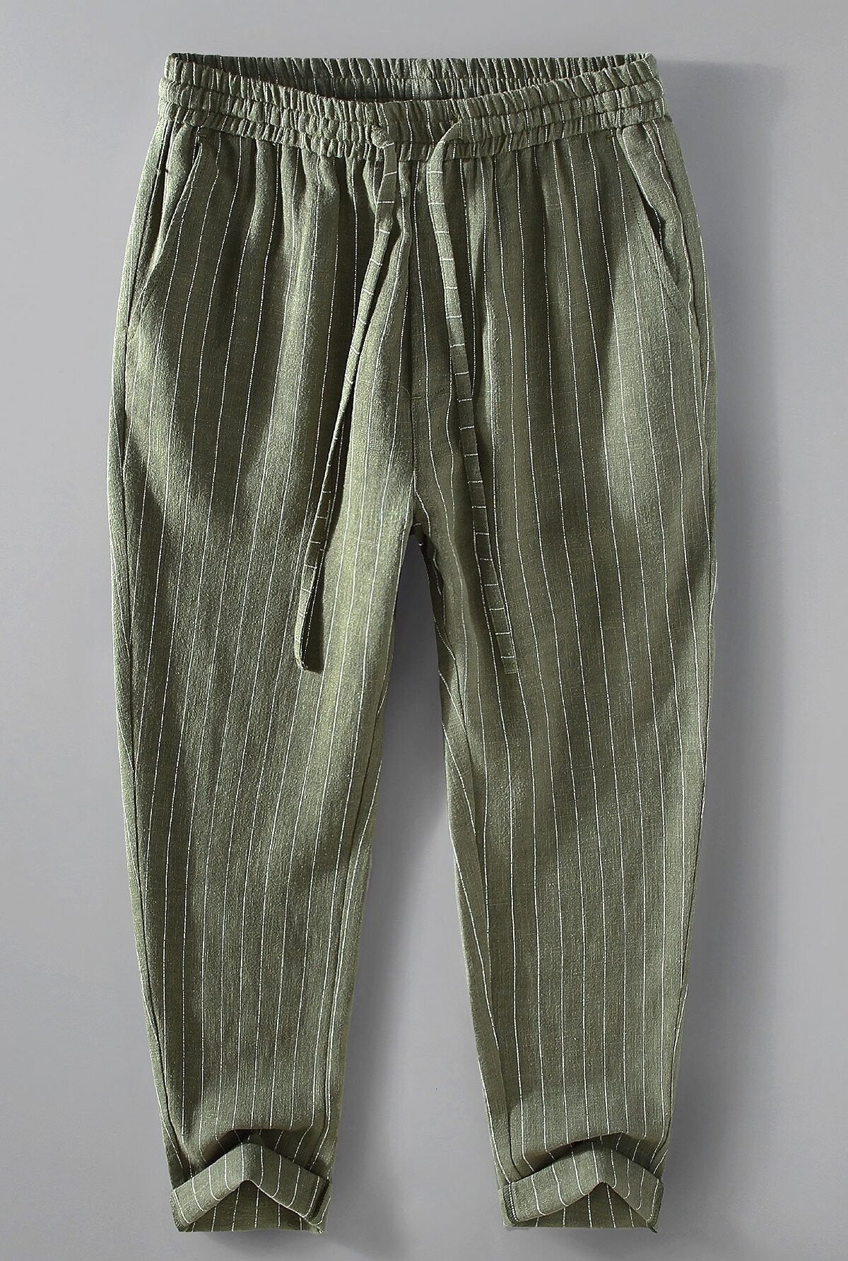 Striped Linen Cotton Blend Cropped Pants