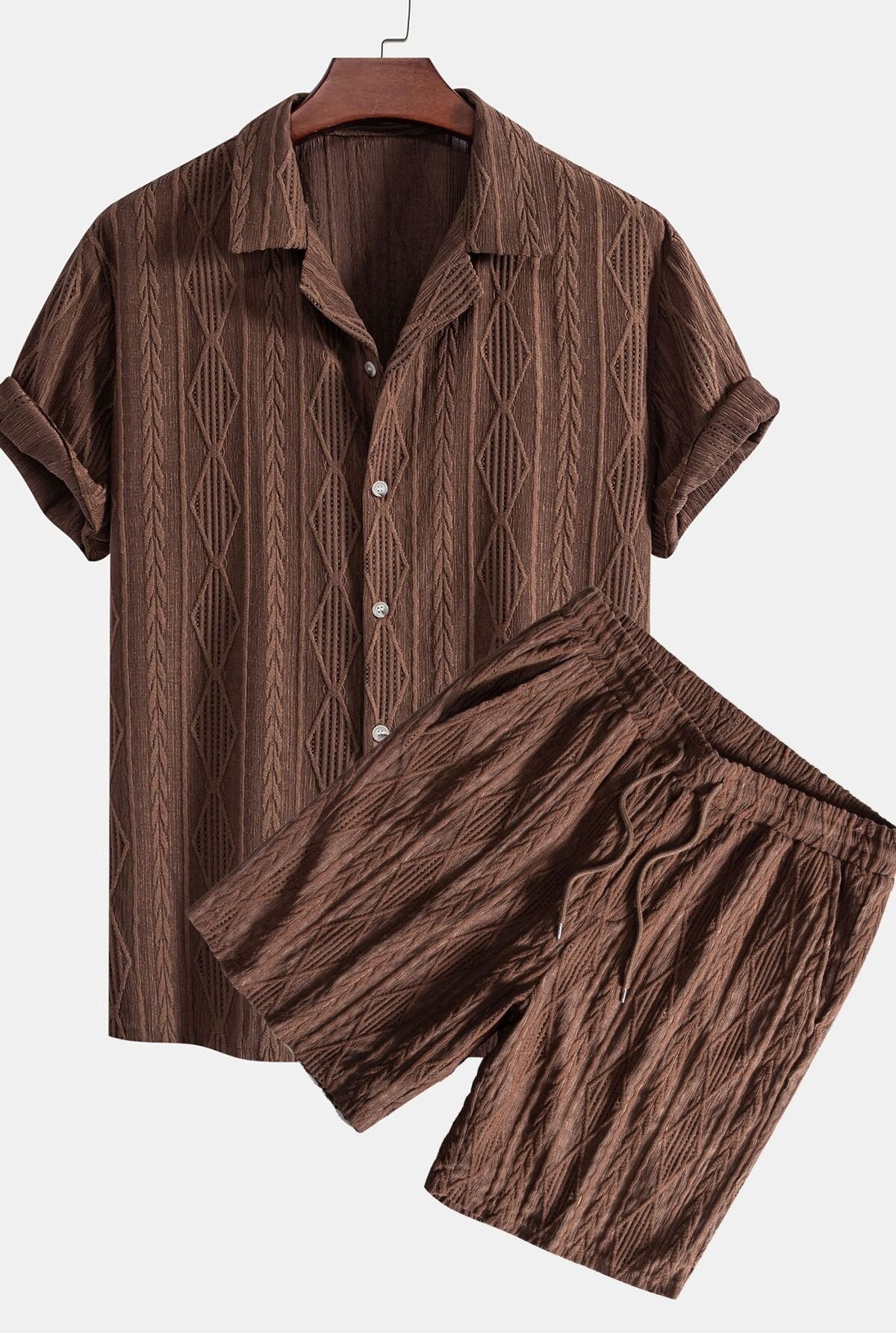 Geometric Jacquard Eyelet Cuban Shirt & Textured Shorts With Lining
