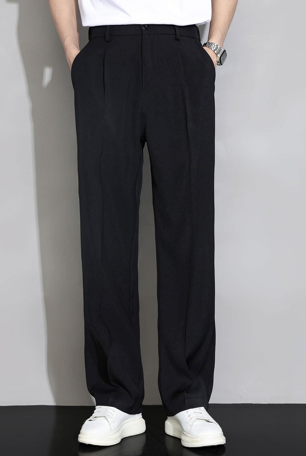 Relax Fit Elastic Waist Straight Leg Trousers