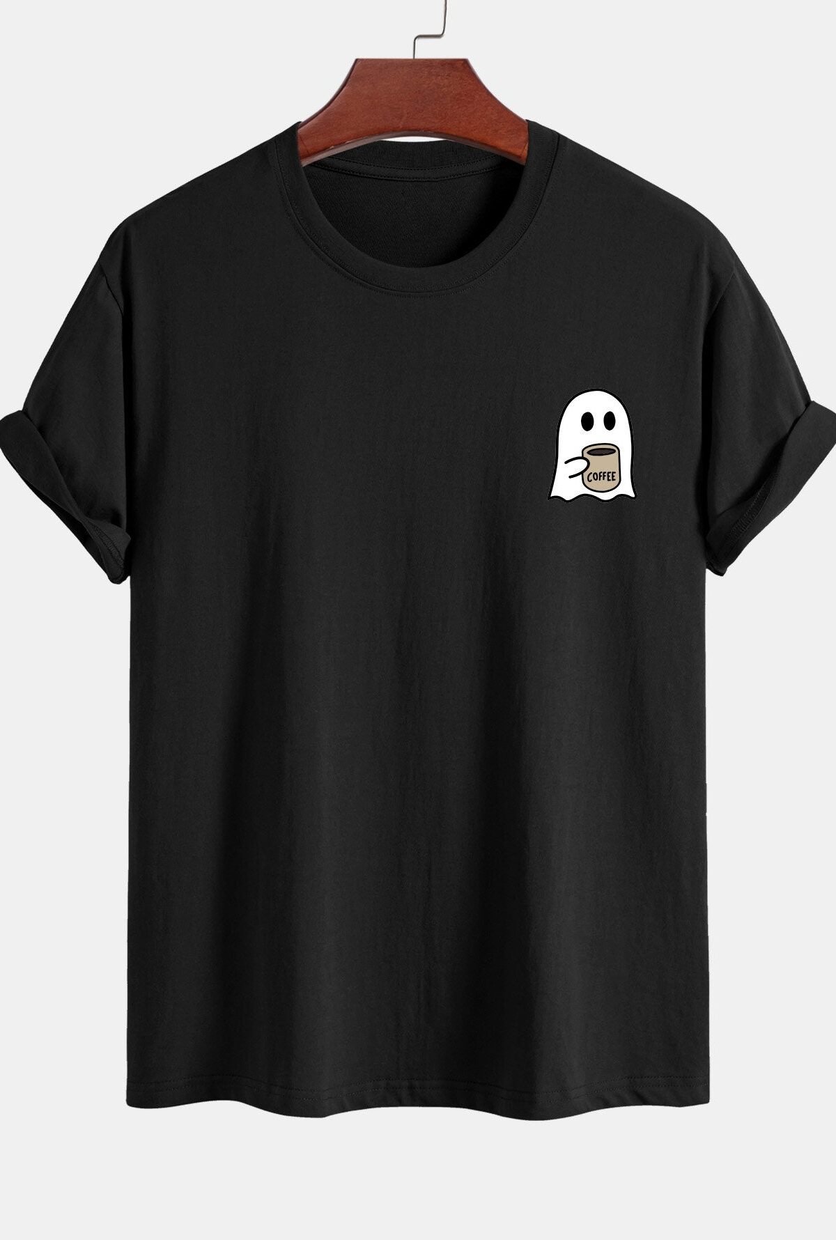 Regular Fit Ghost Drinking Coffee Print Cotton T-Shirt