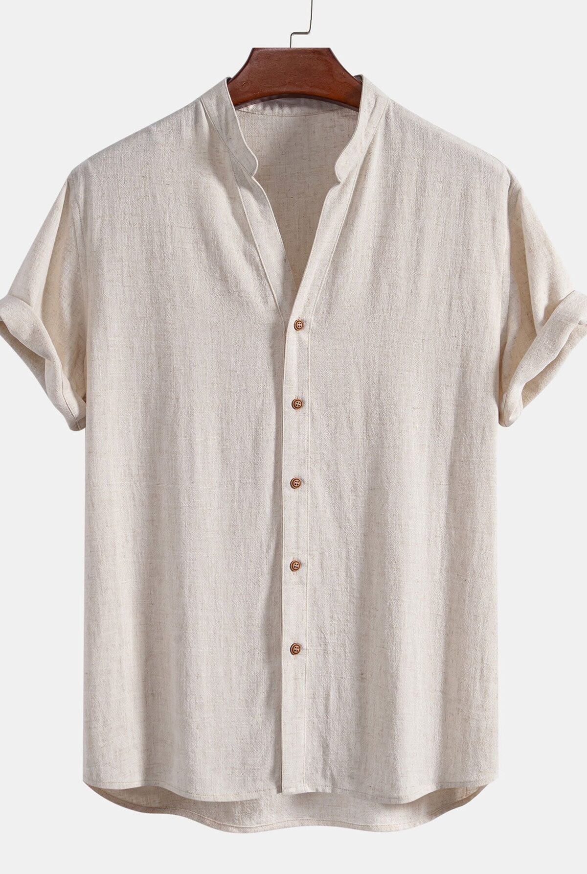 Short Sleeve V Neck Linen Rayon Blend Shirt