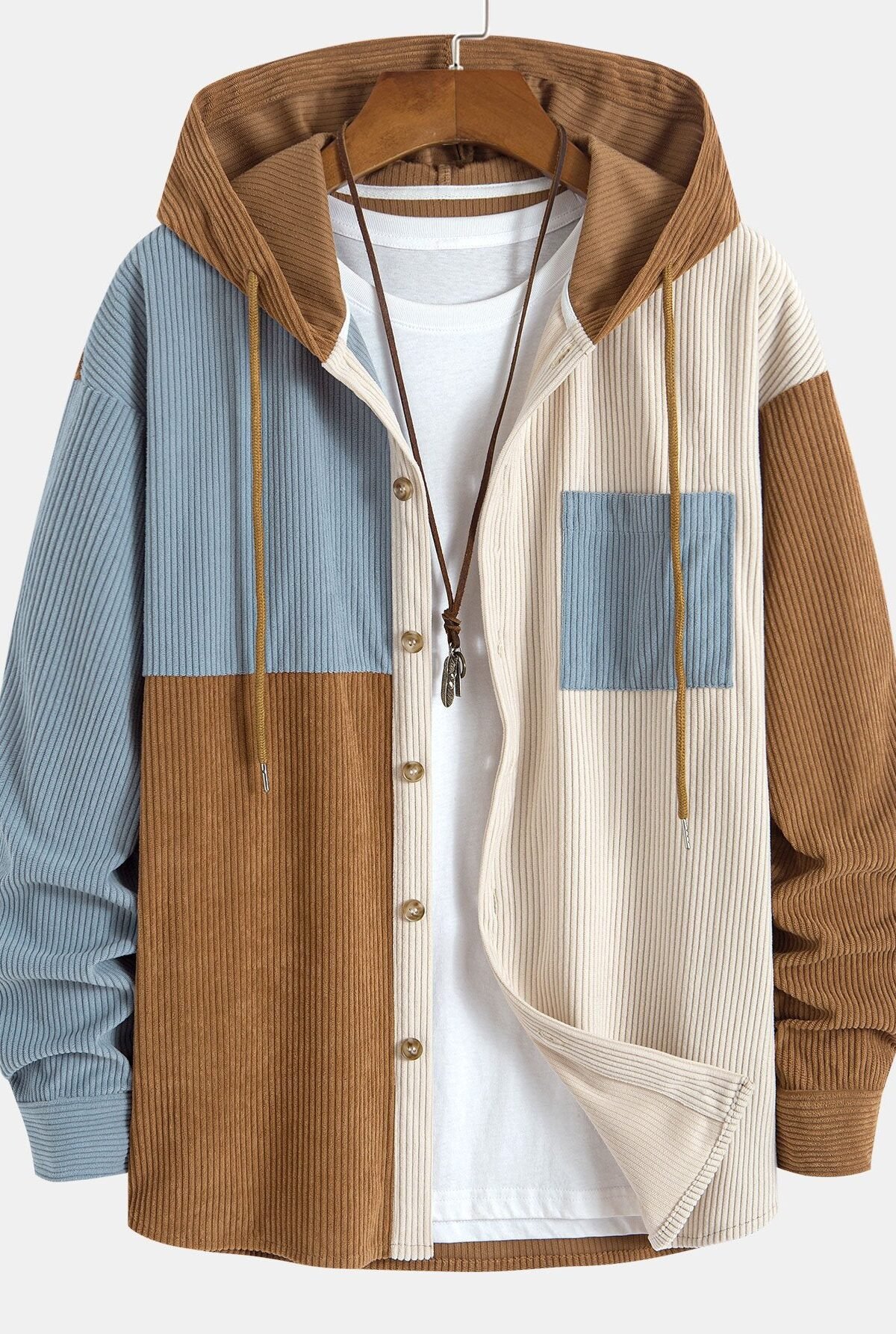Relax Fit Colorblock Corduroy Hooded Shirt
