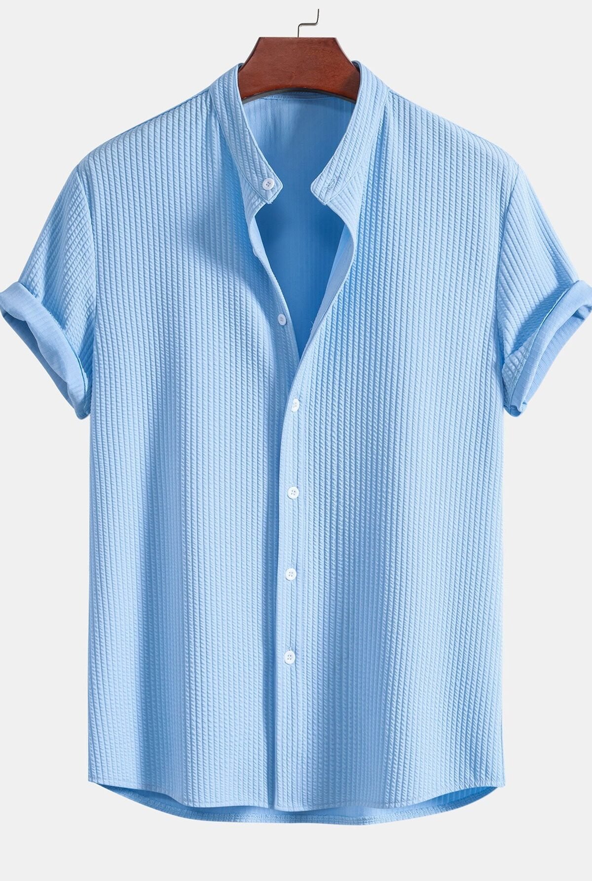 Muscle Fit Ribbed Stand Collar Shirt