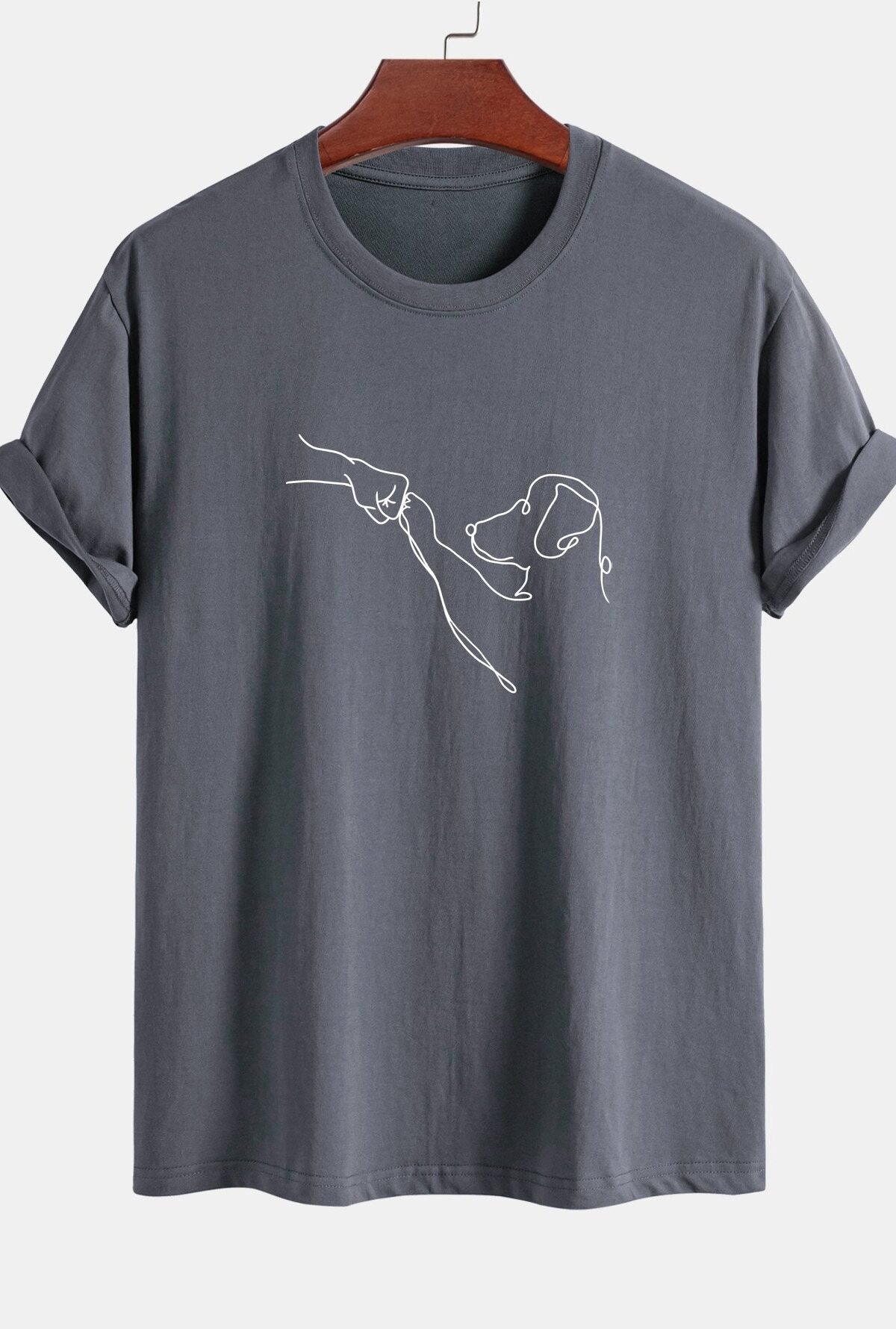 Regular Fit Dog Line Drawing Print Cotton T-Shirt