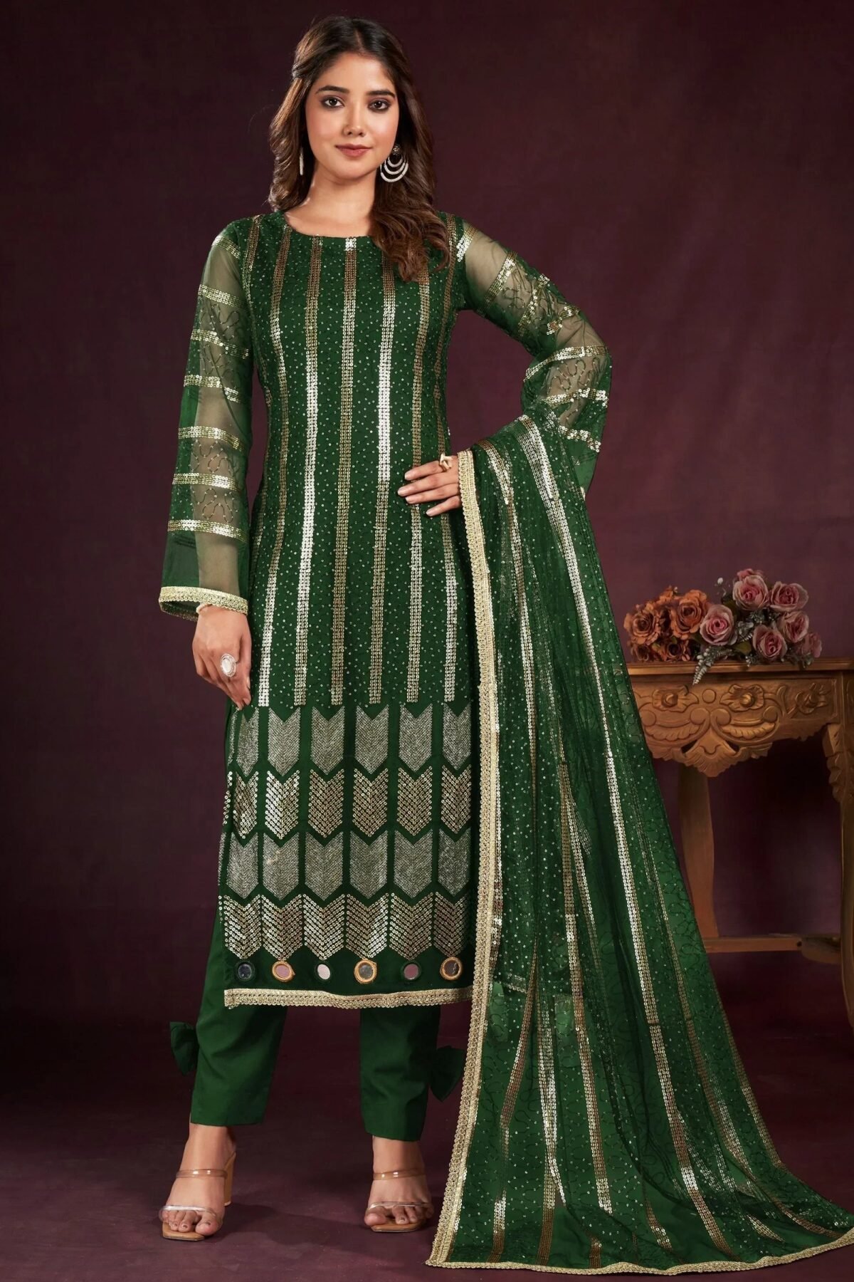 Fabulous Green Sequins Net Mehendi Wear Salwar Kameez With Dupatta