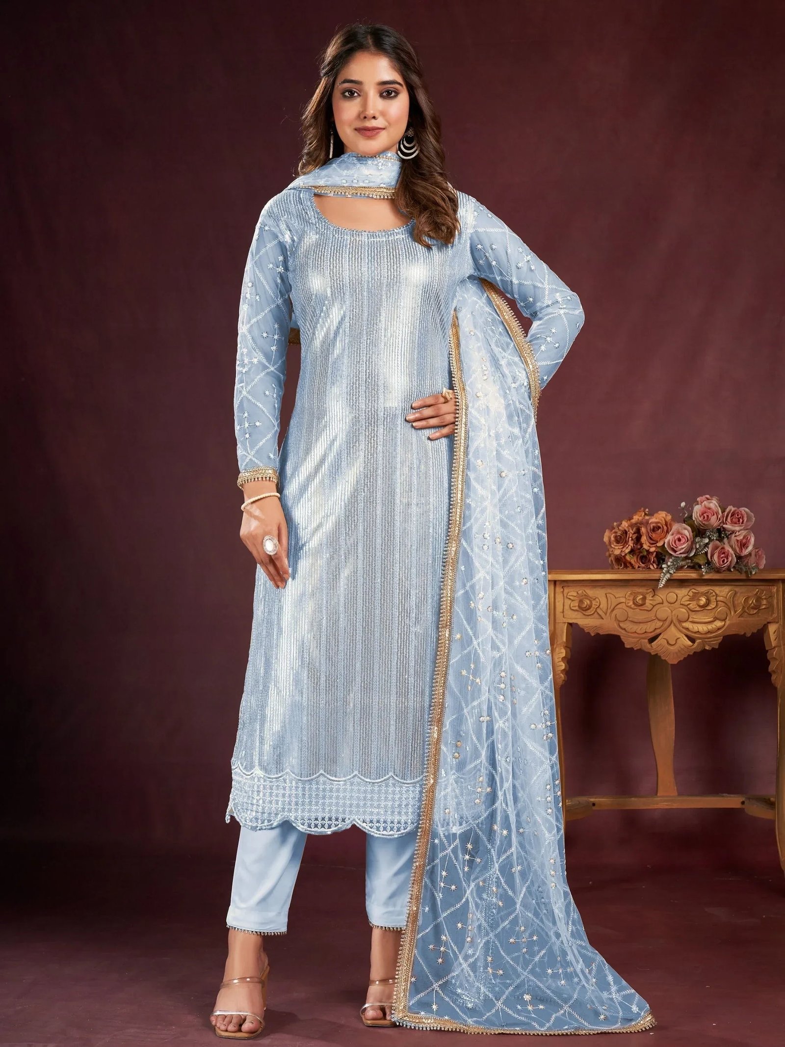 Astonishing Sky-Blue Sequins Net Salwar Kameez With Dupatta