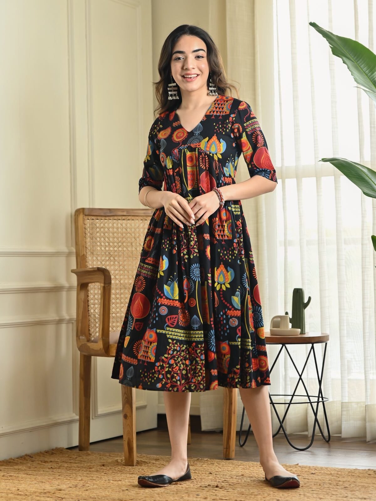 Black Abstract Print Flared Dress