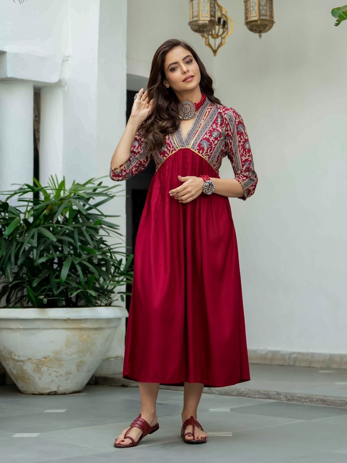 Maroon V Neck Alia Cut Dress